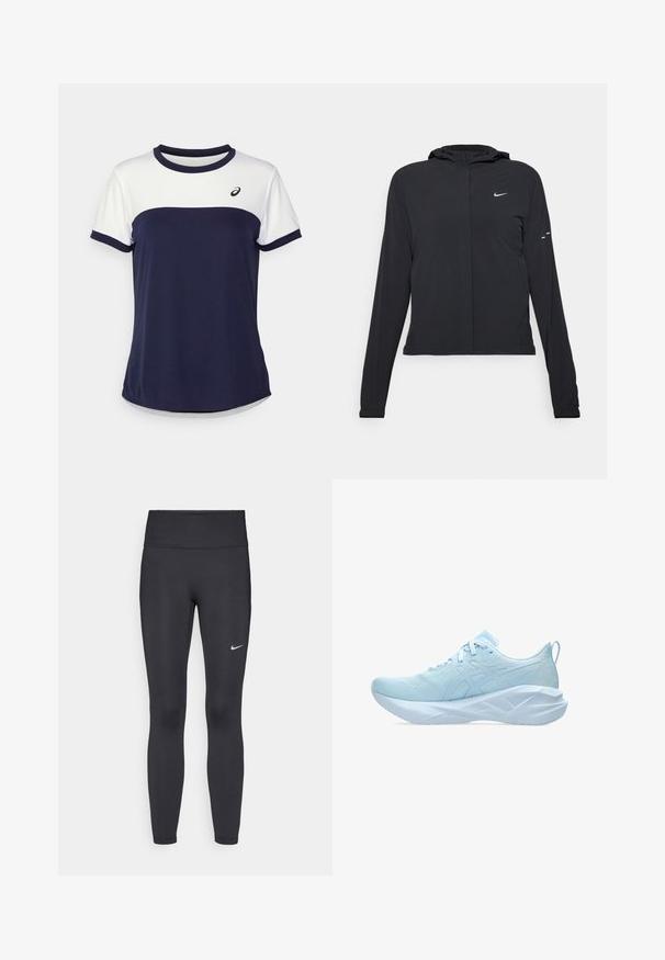 Sort hættetrøje med lange ærmer, lavet af letvægtsmateriale. Har en frontlynlås, et Nike-logo og subtile designaccenter.; ASICS WOMEN COURT TOP - Sports T-shirts - midnight/brilliant white; Sorte leggings lavet af strækbart stof, med en høj talje og et hvidt Nike-logo på venstre lår. Glat tekstur, tætsiddende design.; Lyseblå sportssko med en mesh-overdel, flade snører og en tykk, tekstureret sål med geometriske detaljer for stabilitet.