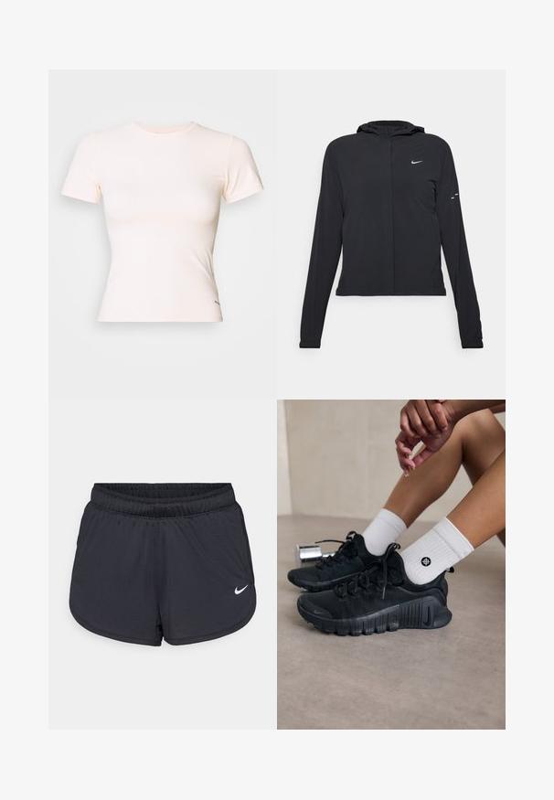 Juodas gobtuvas striukė su ilgomis rankovėmis, pagaminta iš lengvo audinio. Pasižymi priekiniais užtrauktukais, Nike logotipu ir subtiliais dizaino akcentais.; P.E Nation FOUNDATION TEE - Paprasti marškinėliai - blush; Juodi sportiniai šortai su elastine liemene, turintys sportišką dizainą ir baltą Nike logotipą apatinėje priekinėje dalyje. Tekstūruota medžiaga.; Juodi sportiniai bateliai su tekstūruota medžiaga, raištelių dizainu ir ryškiu padu, derinami su baltais raukšlėtais kojiniais, turinčiais mažą logotipą.