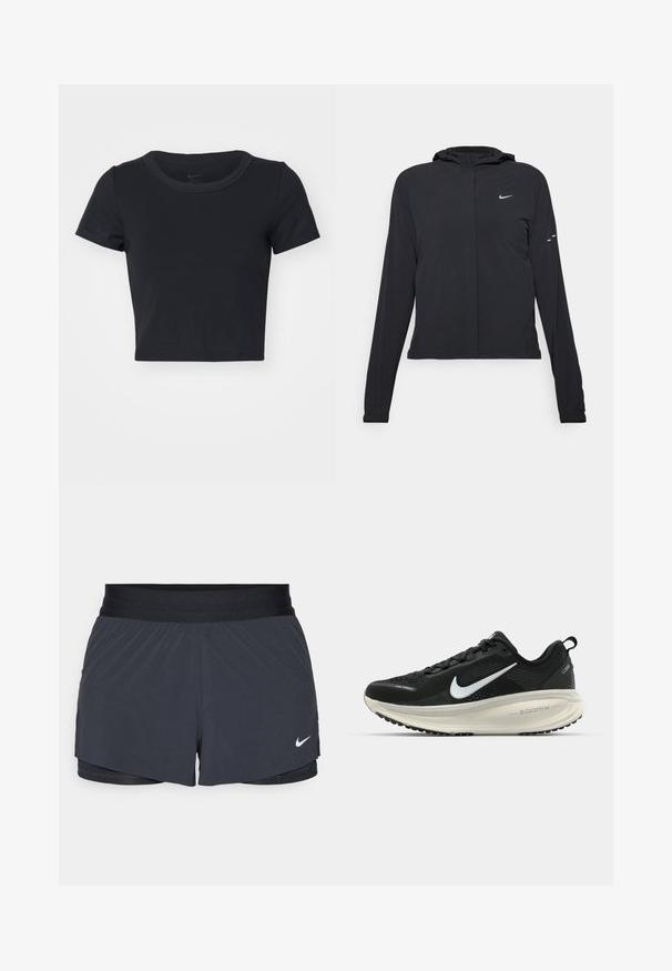 Svart hettegenser med lange ermer, laget av lett materiale. Har glidelås foran, Nike-logo og subtile design detaljer.; Svart avkortet T-skjorte laget av myk, elastisk stoff. Har rund hals og korte ermer med et enkelt design.; Sorte treningshorts med elastisk midjebånd, med lagdelt design og liten hvit Nike-logo på nederste venstre side. Lett materiale.; Svart Nike løpesko med pustende mesh-overdel, hvit swoosh-logo, teksturert detaljer og en kremfarget ZoomX mellomsåle.
