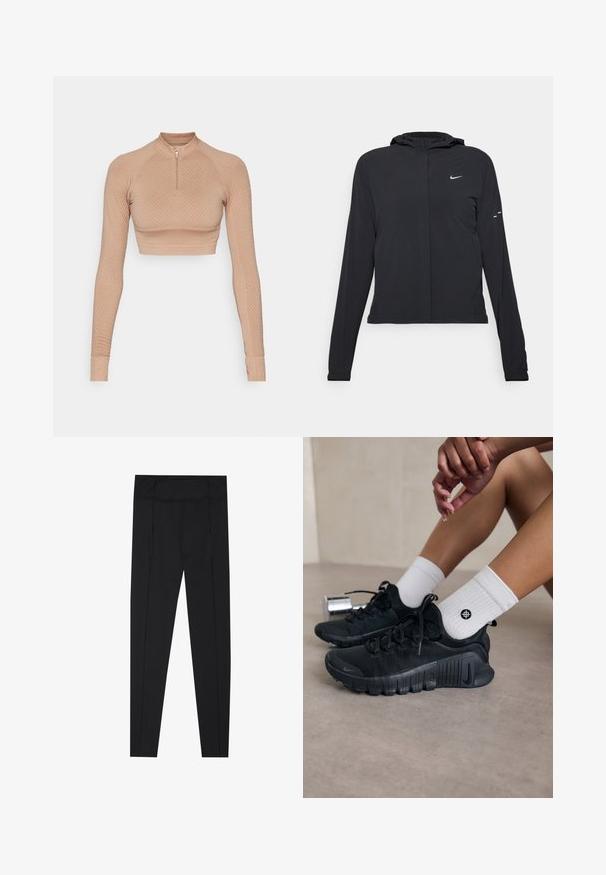 Crna jakna s kapuljačom i dugim rukavima, izrađena od laganog materijala. Ima prednji patentni zatvarač, Nike logo i suptilne dizajnerske detalje.; Dugi rukav uski crop top u svijetloj bež boji s reljefnim dijamantnim uzorkom, zatvaranje na četvrtinu sa zatvaračem i uskim rukavima s rebrastim manžetama.; Crne tajice s glatkom teksturom, visokim strukom i detaljima šivanja duž strana. Uski kroj, prikladne za razne aktivnosti.; Crne atletske tenisice s teksturiranim materijalom, vezivanjem i istaknutim potplatom, u kombinaciji s bijelim rebrastim čarapama koje imaju mali logo.