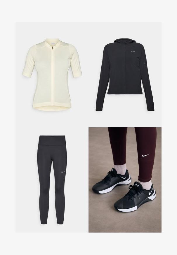 Melnā kapuci jaka ar garām piedurknēm, izgatavota no viegla materiāla. Tam ir priekšējais rāvējslēdzis, Nike logo un smalki dizaina akcenti.; Gaiši dzeltena velosipēdistu krekls ar īsām piedurknēm, šaurs griezums, pilna garuma rāvējslēdzis, smalks teksturēts audums un apaļa apkakle. Zīmola nosaukums priekšpusē.; Melnas legingi, izgatavoti no elastīga auduma, ar augstu jostu un baltu Nike logotipu kreisajā augšstilbā. Gluda tekstūra, piegulošs dizains.; Melni sporta apavi ar strukturētu virsmu un baltām akcentēm, ar auklām un sānu logo. Nēsāti ar bordo legingiem un gaišām zeķēm.