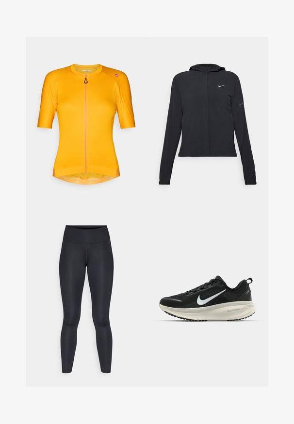 Čierna kapucňová bunda s dlhou rukávou, vyrobená z ľahkého materiálu. Má predný zips, logo Nike a jemné dizajnové akcenty.; Cyklistický dres s krátkym rukávom v jasne žltej farbe, vyrobený z ľahkého materiálu s predným zipsom. Má zaoblený výstrih a štýlové akcenty.; Čierne legíny vyrobené z hladkej, elastickej tkaniny. Vysoký pás bez viditeľných vzorov alebo akcentov. Úzke od pásu po členky.; Čierne bežecké topánky Nike s priedušnou sieťovinou, bielym logom s symbolom swoosh, textúrovanými detailmi a krémovou ZoomX medzipodrážkou.