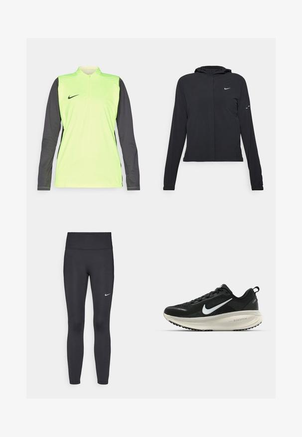 Juodas gobtuvas striukė su ilgomis rankovėmis, pagaminta iš lengvo audinio. Pasižymi priekiniais užtrauktukais, Nike logotipu ir subtiliais dizaino akcentais.; Ilga rankovė sportinė maikutė neoninės geltonos spalvos su tamsiai pilkomis rankovėmis. Yra ketvirčio užtrauktukas ant kaklo ir nedidelis juodas Nike logotipas priekyje.; Juodi leggingai iš elastingos medžiagos, turintys aukštą juosmenį ir baltą Nike logotipą kairėje šlaunyje. Lygus paviršius, prigludusi dizainas.; Juodas Nike sportinis batelis su kvėpuojančiu tinklu, baltu swoosh logotipu, tekstūruoto dizaino detalėmis ir grietinėlės spalvos ZoomX viduriu.