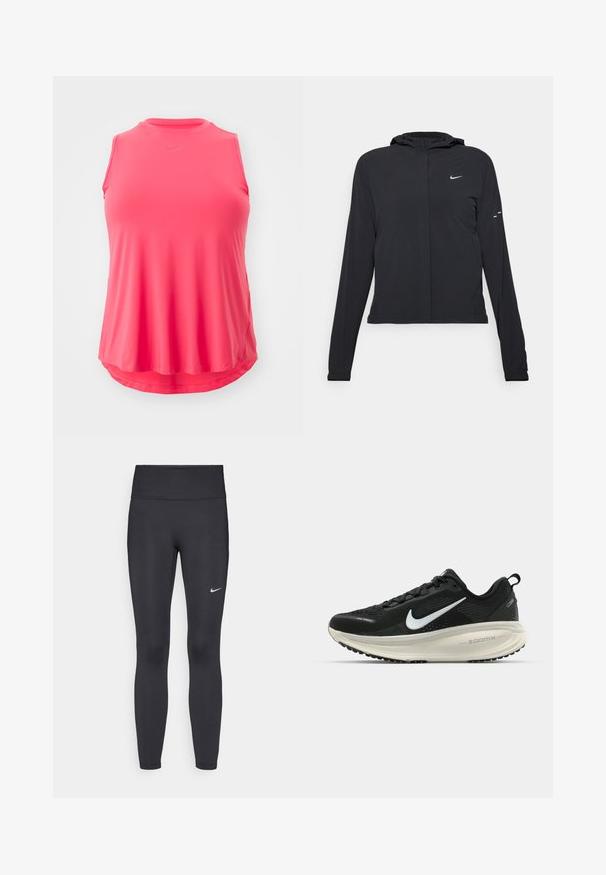 Čierna kapucňová bunda s dlhou rukávou, vyrobená z ľahkého materiálu. Má predný zips, logo Nike a jemné dizajnové akcenty.; Nike Performance ONE CLASSIC TANK PLUS - Top - aster pink/black; Čierne legíny z elastického materiálu, s vysokým pásom a bielym logom Nike na ľavom stehne. Hladká textúra, priliehavý dizajn.; Čierne bežecké topánky Nike s priedušnou sieťovinou, bielym logom s symbolom swoosh, textúrovanými detailmi a krémovou ZoomX medzipodrážkou.