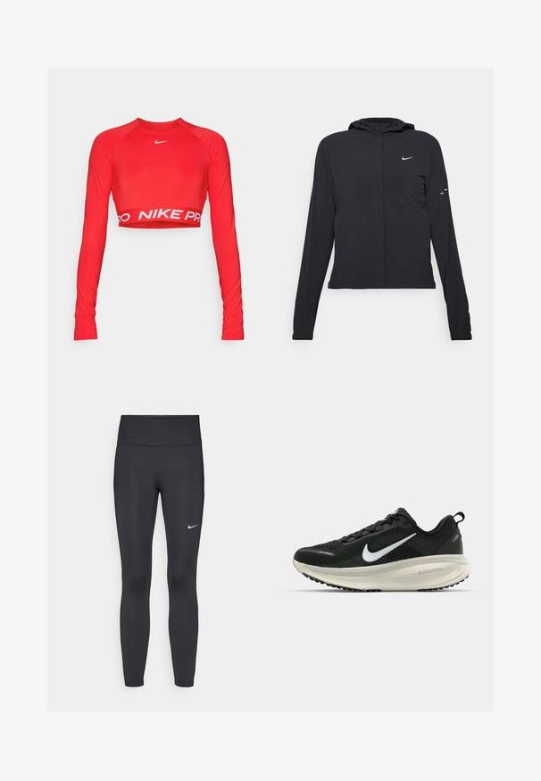 Mustassa hupparissa on pitkät hihat, ja se on valmistettu kevyestä materiaalista. Siinä on edessä vetoketju, Nike-logo ja hillityt muotoiluyksityiskohdat.; Punainen pitkähihaisen crop top, joka on valmistettu joustavasta kankaasta. Siinä on pyöreä kaula-aukko ja valkoinen "NIKE PRO" -nauha helmassa. Siinä on sileä pinta ja vartalonmyötäinen muotoilu.; Mustat leggingsit joustavasta kankaasta, joissa on korkea vyötärö ja valkoinen Nike-logo vasemmassa reidessä. Sileä pinta, muotoaan myötäilevä suunnittelu.; Mustat Nike-juoksukengät, joissa on hengittävä verkko-osa, valkoinen swoosh-logo, teksturoitu yksityiskohtaus ja kermaisen värinen ZoomX-välipohja.