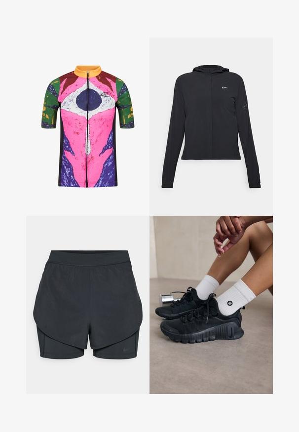 Veste à capuche noire avec des manches longues, fabriquée en matériau léger. Elle comporte une fermeture éclair à l'avant, un logo Nike et des accents de design subtils.; Protest PRTJAMELLS - Maillot de cycliste - multicolour; Shorts de sport noirs avec un design superposé, présentant une couche extérieure lisse et des shorts intérieurs ajustés. Fabriqués en tissu léger et extensible.; Chaussures de sport noires en tissu texturé, avec un design à lacets et une semelle proéminente, accompagnées de chaussettes blanches à côtes arborant un petit logo.