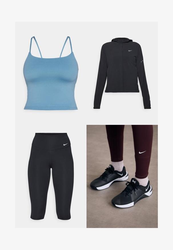 Čierna kapucňová bunda s dlhou rukávou, vyrobená z ľahkého materiálu. Má predný zips, logo Nike a jemné dizajnové akcenty.; Modrá priliehavá tielko s tenkými ramienkami, vyrobené z hladkej elastickej látky. Jednoduchý dizajn so rovnými okrajmi a bez ďalších detailov.; Nike čierne legíny do polovice lýtok majú vysoký pás, hladký elastický materiál a jemný detail loga na prednej strane.; Čierne športové topánky s textúrovaným zvrškom a bielymi akcentmi, s dvoma šnúrkami a logom na boku. Nosené s bordo legínami a svetlými ponožkami.