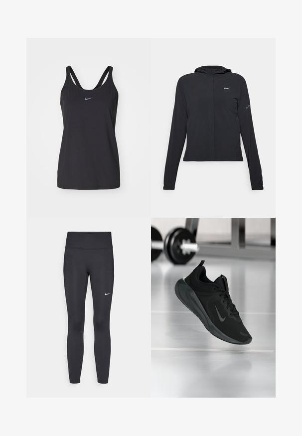 Czarna kurtka z kapturem, z długimi rękawami, wykonana z lekkiego materiału. Posiada zamek błyskawiczny z przodu, logo Nike oraz subtelne akcenty wzornicze.; Czarny sportowy top na ramiączkach z okrągłym dekoltem i cienkimi ramiączkami, z małym, odblaskowym logo Nike na piersi. Miękka, lekka tkanina.; Czarne legginsy z elastycznego materiału, z wysokim pasem i białym logo Nike na lewym udzie. Gładka tekstura, dopasowany krój.; Czarny sportowy sneaker z logo Nike, pokazany w powietrzu na podłodze siłowni, z rozmytym regałem z hantlami w tle.