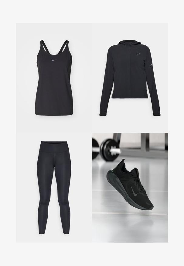 Black hooded jacket with long sleeves, made from lightweight material. Features a front zipper, a Nike logo, and subtle design accents.; Black athletic tank top with a scoop neck and thin straps, featuring a small, reflective Nike logo on the chest. Soft, lightweight fabric.; Black leggings made of smooth, stretchy fabric. High waist with no visible patterns or accents. Fit closely from waist to ankles.; Black sports sneaker with Nike logo, shown mid-air on gym floor, with blurred dumbbell rack in background.