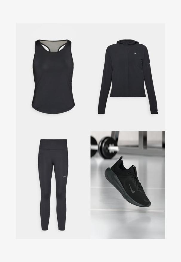 Casaco preto com capuz e mangas longas, feito de material leve. Apresenta um fecho dourado na frente, um logótipo da Nike e detalhes de design subtis.; Top atlético preto com hemline arredondada, design de costas nadador e tecido liso e elástico. Apresenta um logotipo discreto na lateral inferior.; Leggings pretos feitos de tecido elástico, com uma cintura alta e um logo branco da Nike na coxa esquerda. Textura suave, design ajustado ao corpo.; Sapatilha desportiva preta com o logotipo da Nike, mostrada em pleno ar sobre o chão do ginásio, com um suporte de halteres desfocado ao fundo.