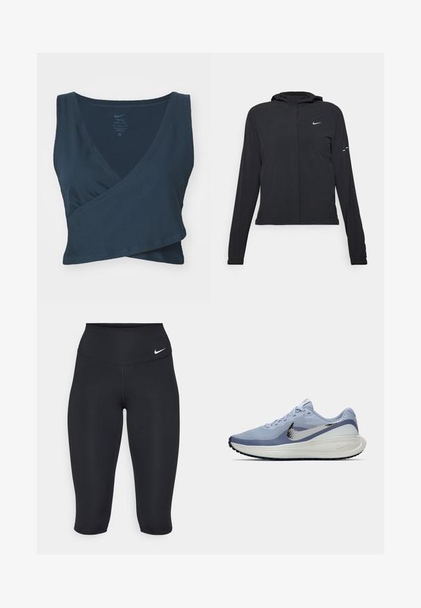 Čierna kapucňová bunda s dlhou rukávou, vyrobená z ľahkého materiálu. Má predný zips, logo Nike a jemné dizajnové akcenty.; Námornícky modrý športový top bez rukávov Dri-FIT s prekrývacím dizajnom, výstrihom do V a rebrovanou textúrou. Obsahuje potlačené logo Nike na vnútornom povrchu.; Nike čierne legíny do polovice lýtok majú vysoký pás, hladký elastický materiál a jemný detail loga na prednej strane.; Svetlomodré a biele bežecké topánky Nike so strieborným Swooshom, priedušný sieťovaný zvršok, odpružená podrážka a čierny vzor na vonkajšej podrážke.