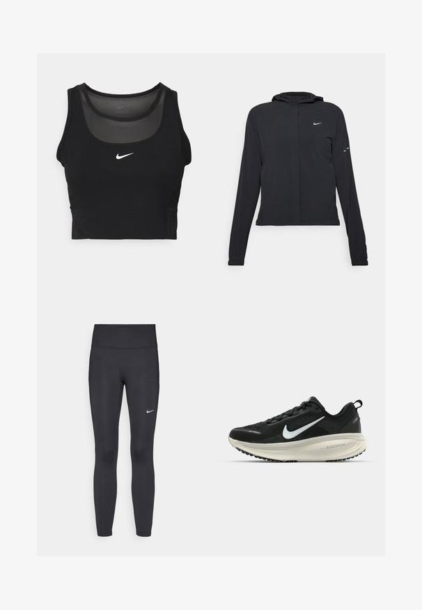 Mustassa hupparissa on pitkät hihat, ja se on valmistettu kevyestä materiaalista. Siinä on edessä vetoketju, Nike-logo ja hillityt muotoiluyksityiskohdat.; Musta urheilullinen crop-top, jossa on pyöreä pääntie ja läpinäkyvää panelointia. Keskellä on valkoinen Nike-logo ja tiukka malli.; Mustat leggingsit joustavasta kankaasta, joissa on korkea vyötärö ja valkoinen Nike-logo vasemmassa reidessä. Sileä pinta, muotoaan myötäilevä suunnittelu.; Mustat Nike-juoksukengät, joissa on hengittävä verkko-osa, valkoinen swoosh-logo, teksturoitu yksityiskohtaus ja kermaisen värinen ZoomX-välipohja.