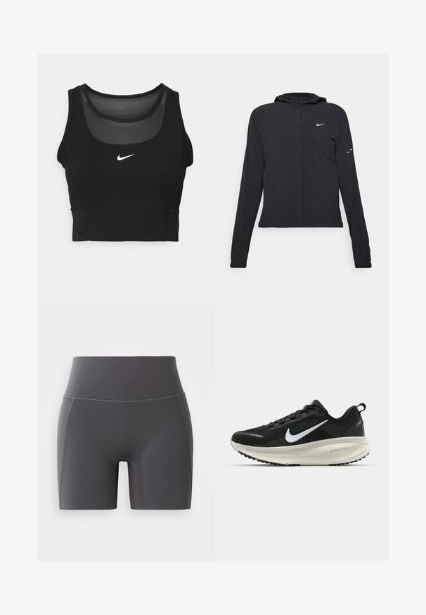 Crna jakna s kapuljačom i dugim rukavima, izrađena od laganog materijala. Ima prednji patentni zatvarač, Nike logo i suptilne dizajnerske detalje.; Crni sportski crop top s okruglim izrezom i prozirnim panelima. Ima Nike logo u bijeloj boji na sredini i uski kroj.; Sive donje hlače za sport s visokim strukom, izrađene od glatkog, rastezljivog materijala. Imaju ravne šavove i uski kroj.; Crne Nike trkačke tenisice s prozračnom mrežastom gornjom konstrukcijom, bijelim swoosh logotipom, teksturiranim detaljima i kremastom ZoomX srednjom potplatnom jedinicom.
