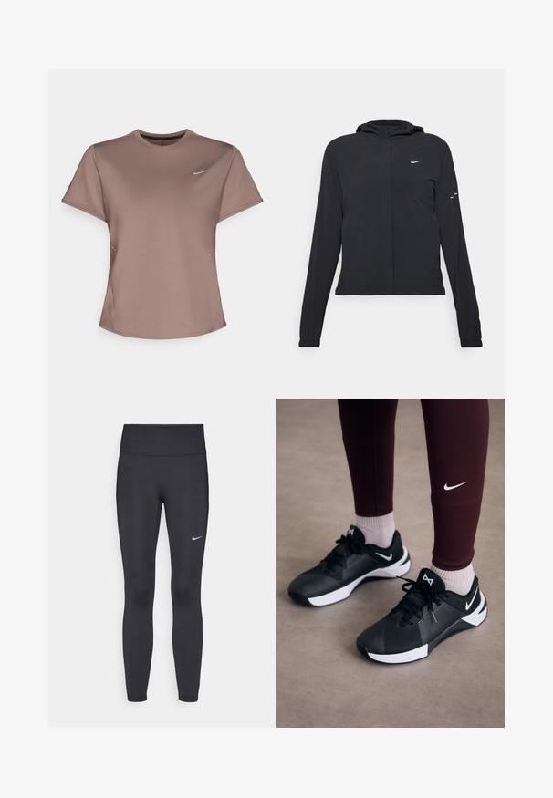 Sort hættetrøje med lange ærmer, lavet af letvægtsmateriale. Har en frontlynlås, et Nike-logo og subtile designaccenter.; Brun atletisk t-shirt med rund halsudskæring, korte ærmer og diskrete sidesplitter. Har et lille reflekterende Nike-logo på brystet.; Sorte leggings lavet af strækbart stof, med en høj talje og et hvidt Nike-logo på venstre lår. Glat tekstur, tætsiddende design.; Sorte træningssko med en struktureret overdel og hvide accenter, forsynet med snørebånd og et logo på siden. Båret med maroon leggings og lyse sokker.