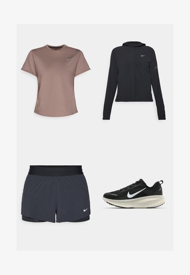 Svart hettegenser med lange ermer, laget av lett materiale. Har glidelås foran, Nike-logo og subtile design detaljer.; Brun treningst-skjorte med rund hals, korte ermer og subtile splitte detaljer på sidene. Har en liten reflekterende Nike-logo på brystet.; Sorte treningshorts med elastisk midjebånd, med lagdelt design og liten hvit Nike-logo på nederste venstre side. Lett materiale.; Svart Nike løpesko med pustende mesh-overdel, hvit swoosh-logo, teksturert detaljer og en kremfarget ZoomX mellomsåle.