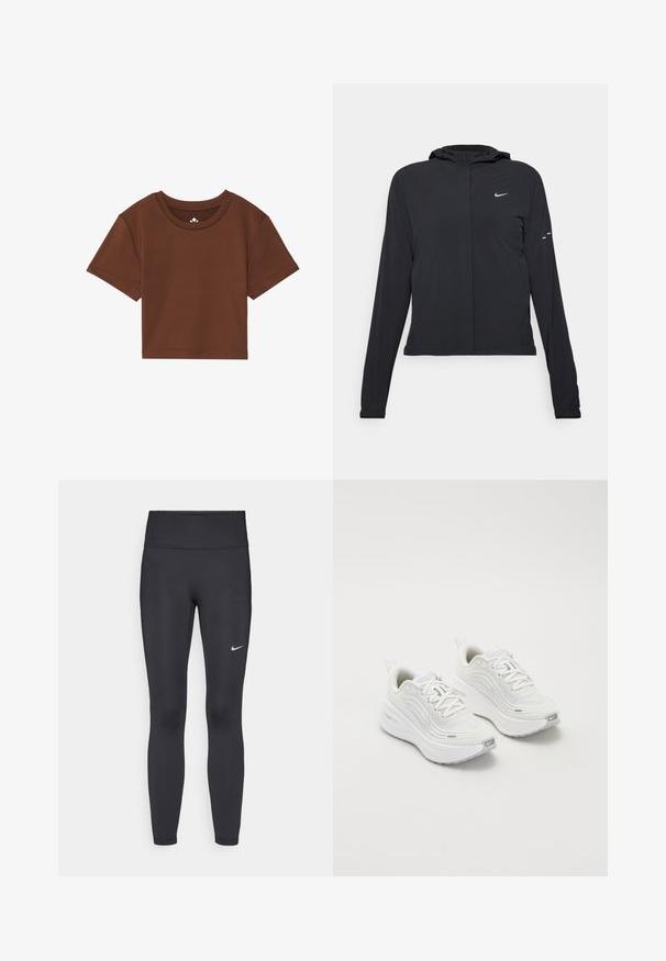 Jachetă neagră cu glugă, cu mâneci lungi, fabricată din material ușor. Dispune de un fermoar frontal, un logo Nike și accente de design subtile.; Tricou scurt, cu maneci scurte, de culoare maronie, confecționat dintr-un material moale, cu guler rotund și cusături curate, fără modele sau accente.; Leggings negre dintr-un material elastic, având talie înaltă și un logo alb Nike pe coapsa stângă. Textură netedă, design care se conturează pe corp.; Pantofi sport albi cu un superior din plasă texturată, talpă amortizată și accente subtile de gri. Include branding și un buclă la călcâi pentru a fi ușor de încălțat.
