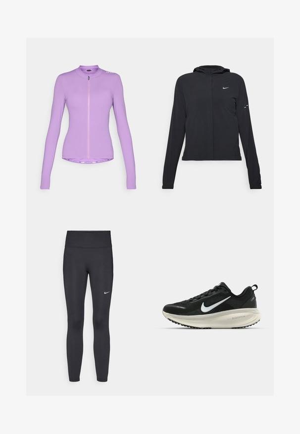 Svart hettegenser med lange ermer, laget av lett materiale. Har glidelås foran, Nike-logo og subtile design detaljer.; Lilla langermet treningsgenser med glidelås foran, slim fit, glatt tekstur og kontrasterende rosa glidelås; har en logo nær kragen.; Sorte leggings laget av elastisk stoff, med høy livlinje og en hvit Nike-logo på venstre lår. Glatt tekstur, kroppsnær passform.; Svart Nike løpesko med pustende mesh-overdel, hvit swoosh-logo, teksturert detaljer og en kremfarget ZoomX mellomsåle.