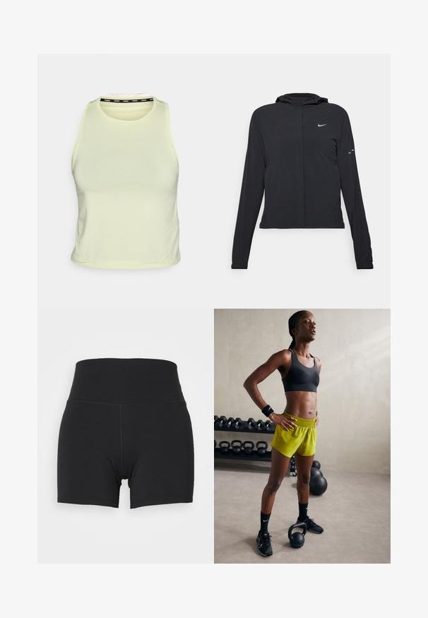 Chaqueta negra con capucha y mangas largas, hecha de un material ligero. Presenta un cierre frontal, un logo de Nike y acentos de diseño sutiles.; Top corto sin mangas de color amarillo claro, hecho de un material suave. Presenta un cuello redondo y un acento de marca negro en el cuello interno.; Pantalones cortos deportivos negros con una cinturilla elástica alta, elaborados con un tejido suave y elástico. Presentan un diseño ajustado y detalles de costura mínimos.; Sujetador deportivo negro, pantalones cortos amarillos brillantes con cinturilla elástica, zapatillas de deporte negras y muñequeras, de pie junto a kettlebells.