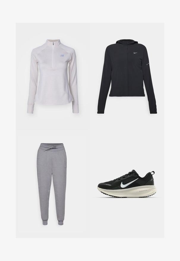 Must musta kapuutsiga jakk, millel on pikad varrukad ja mis on valmistatud kergetest materjalidest. Omab esitaskut, Nike logo ja kergelt silmatorkavaid disainiaktsente.; Heledhall hallide varrukatega, neljanda osa tõmblukuga pullover, millel on õrnad triibud, pehme tekstuur ja väike logo rinnal. Omab liibuvaid varrukaid.; Hallid pingutamata dressipüksid, hallid, nööriga taljes, elastsete mansettidega ja vaevumärgatava Nike logoga vasakul reiel. Pehme, tekstuuriga kangas.; Musthave mustus Nike jooksujalats, millel on hingav võrgust ülemine osa, valge swoosh logo, tekstuuriga detailid ja kreemja värvusega ZoomX vahevöö.