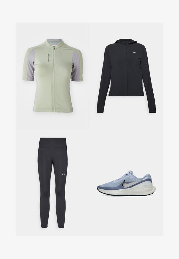Veste à capuche noire avec des manches longues, fabriquée en matériau léger. Elle comporte une fermeture éclair à l'avant, un logo Nike et des accents de design subtils.; Maillot de cyclisme à manches courtes en vert clair avec des accents violets. Il dispose d'une fermeture éclair à l'avant, d'un col rond et d'un tissu texturé.; Leggings noirs en tissu extensible, dotés d'une taille haute et d'un logo Nike blanc sur la cuisse gauche. Texture lisse, design ajusté.; Chaussure de course Nike bleu clair et blanche avec un swoosh argenté, tige en mesh respirant, semelle rembourrée et semelle extérieure noire.