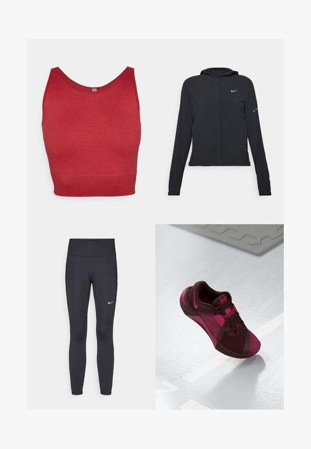 Casaco preto com capuz e mangas longas, feito de material leve. Apresenta um fecho dourado na frente, um logótipo da Nike e detalhes de design subtis.; ONLY Play ONPJAIA LIFE SEAM SHORT - Top - sun-dried tomato; Leggings pretos feitos de tecido elástico, com uma cintura alta e um logo branco da Nike na coxa esquerda. Textura suave, design ajustado ao corpo.; Sapato atlético em maroon escuro com detalhes em rosa. Apresenta um cabedal em malha, bico arredondado e sola texturizada. Cadarços e logótipo em destaque.