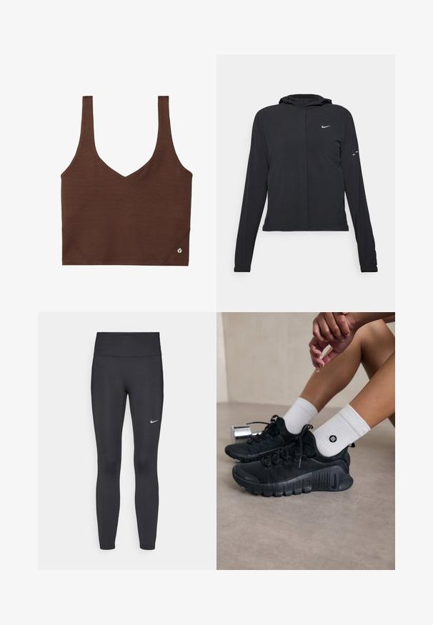 Casaco preto com capuz e mangas longas, feito de material leve. Apresenta um fecho dourado na frente, um logótipo da Nike e detalhes de design subtis.; Sutiã desportivo castanho com um design de decote em V, feito de um tecido liso e elástico. Apresenta alças largas e um pequeno logótipo na bainha.; Leggings pretos feitos de tecido elástico, com uma cintura alta e um logo branco da Nike na coxa esquerda. Textura suave, design ajustado ao corpo.; Sapatilhas atléticas pretas com tecido texturizado, design com atacadores e uma sola proeminente, emparelhadas com meias brancas com nervuras e um pequeno logótipo.