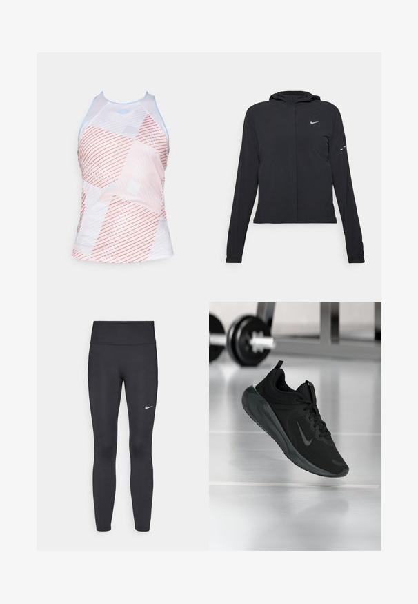 Black hooded jacket with long sleeves, made from lightweight material. Features a front zipper, a Nike logo, and subtle design accents.; White athletic tank top with a geometric pattern in coral, gray, and light blue. Features a high neckline and sporty cut.; Black leggings made of stretchy fabric, featuring a high waistband and a white Nike logo on the left thigh. Smooth texture, form-fitting design.; Black sports sneaker with Nike logo, shown mid-air on gym floor, with blurred dumbbell rack in background.