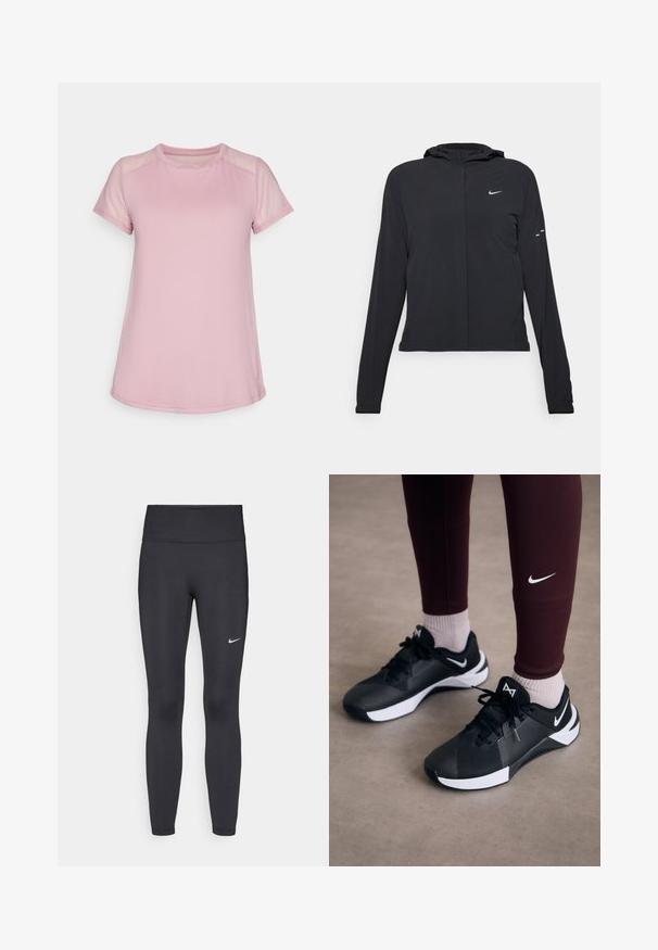 Svart huva jacka med långa ärmar, gjord av lätt material. Har en framdragare, en Nike-logotyp och subtila designelement.; Ljusrosa tränings-T-shirt tillverkad av mjukt tyg, med korta meshärmar och rundad halsringning, i en strömlinjeformad design med böjd nederkant.; Svarta leggings i elastiskt material, med hög midja och en vit Nike-logga på vänster lår. Slät textur, figurnära design.; Svarta sportskor med en texturerad ovandel och vita detaljer, med snören och en sidologotyp. Helt klart i kombination med vinröda leggings och ljusa strumpor.