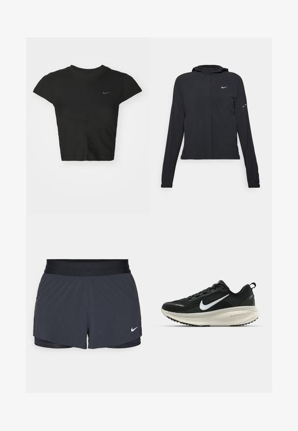 Fekete kapucnis dzseki hosszú ujjakkal, könnyű anyagból készült. Elülső cipzárral, Nike logóval és diszkrét dizájn elemekkel rendelkezik.; Fekete, rövid ujjú, cropped póló, bordázott textúrával és kis sötétszürke Nike logóval a mellkason, testhezálló fazonnal.; Fekete sportnadrág elasztikus derékkal, réteges kialakítással és kis fehér Nike logóval a bal alsó részen. Könnyű anyag.; Fekete Nike futócipő légáteresztő hálós felsőrésszel, fehér Swoosh logóval, textúrázott részletekkel és krém színű ZoomX középtalppal.