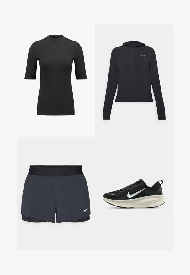 Black hooded jacket with long sleeves, made from lightweight material. Features a front zipper, a Nike logo, and subtle design accents.; Black ribbed t-shirt with a high neckline and short sleeves. Smooth, fitted design without any patterns or visible hardware details.; Black athletic shorts with an elastic waistband, featuring a layered design and a small white Nike logo on the lower left. Lightweight material.; Black Nike running shoe with breathable mesh upper, white swoosh logo, textured detailing, and a cream-colored ZoomX midsole.