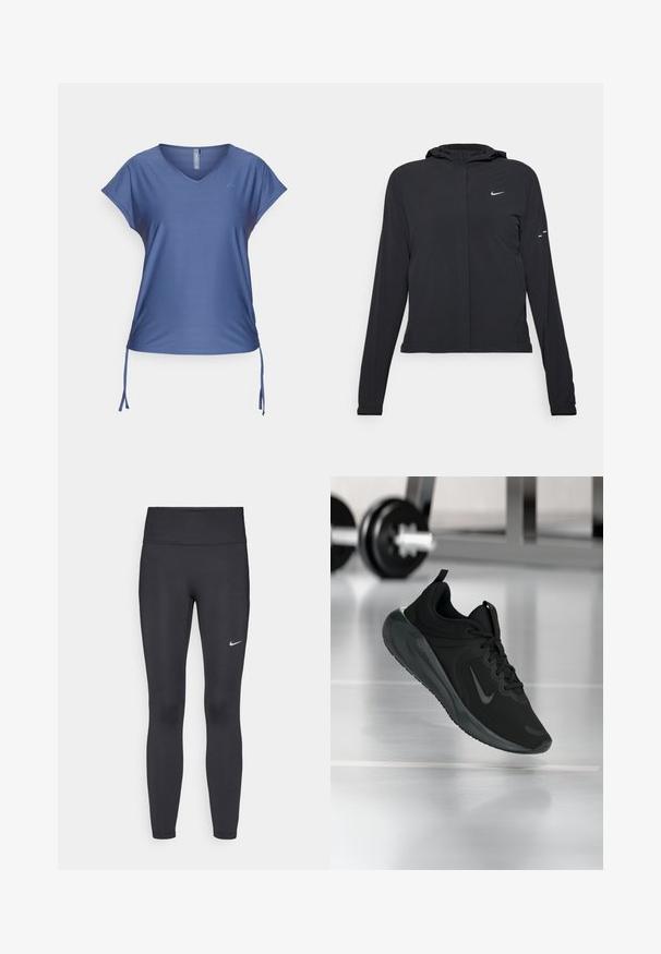 Černá kapucňová bunda s dlouhými rukávy, vyrobená z lehkého materiálu. Obsahuje přední zip, logo Nike a decentní designové akcenty.; ONLY Play ONPAUB SMILA BAT LOOSE TOP - Sportovní tričko - vintage indigo; Černé legíny vyrobené z elastického materiálu, s vysokým pasem a bílým logem Nike na levém stehně. Hladká textura, přiléhavý střih.; Černé sportovní tenisky s logem Nike, zobrazené ve vzduchu na podlaze tělocvičny, s rozostřeným regálem s činkami na pozadí.