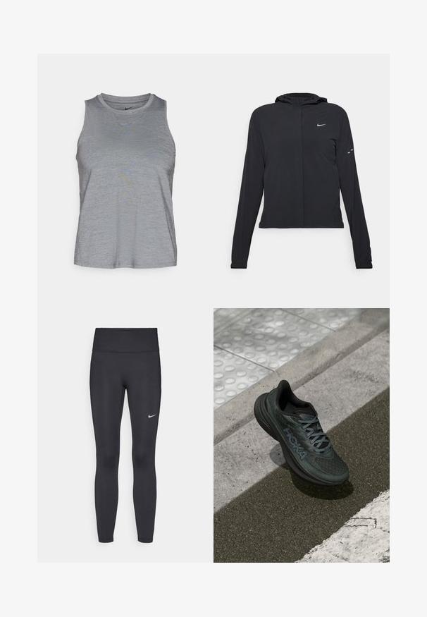 Casaco preto com capuz e mangas longas, feito de material leve. Apresenta um fecho dourado na frente, um logótipo da Nike e detalhes de design subtis.; Nike Performance ONE CLASSIC TANK - Top - smoke grey/black; Leggings pretos feitos de tecido elástico, com uma cintura alta e um logo branco da Nike na coxa esquerda. Textura suave, design ajustado ao corpo.; Sapatilha de corrida preta com parte superior em malha, detalhes texturizados e logotipo, apresentando uma sola acolchoada e atacadores cinzentos, posicionada sobre o pavimento.