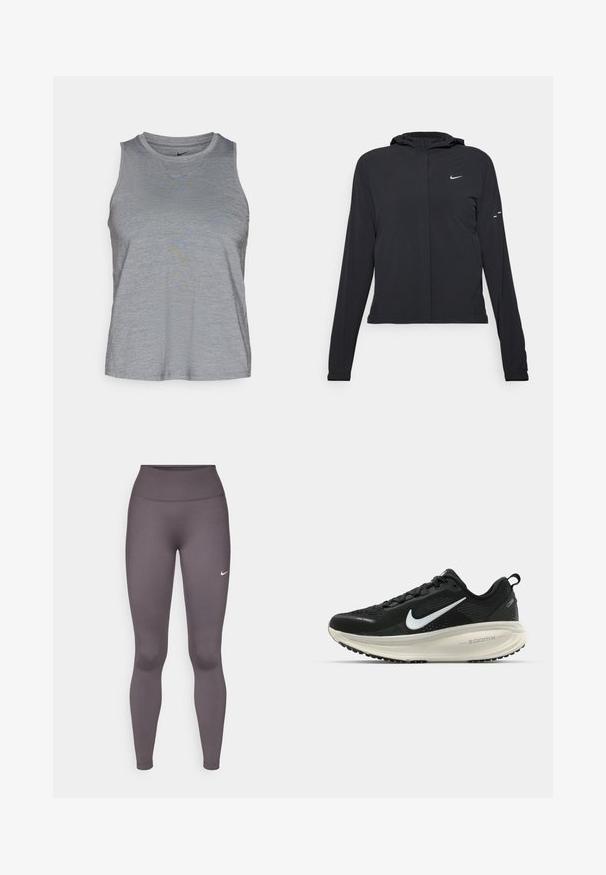 Juodas gobtuvas striukė su ilgomis rankovėmis, pagaminta iš lengvo audinio. Pasižymi priekiniais užtrauktukais, Nike logotipu ir subtiliais dizaino akcentais.; Nike Performance ONE CLASSIC TANK - Viršus - smoke grey/black; Pilkos tamprės iš tamprios medžiagos, su aukštu liemeniu, lygiu paviršiumi ir mažu baltu logotipu kairėje šlaunyje.; Juodas Nike sportinis batelis su kvėpuojančiu tinklu, baltu swoosh logotipu, tekstūruoto dizaino detalėmis ir grietinėlės spalvos ZoomX viduriu.