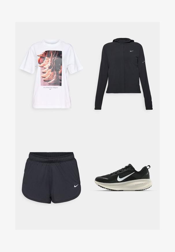Melnā kapuci jaka ar garām piedurknēm, izgatavota no viegla materiāla. Tam ir priekšējais rāvējslēdzis, Nike logo un smalki dizaina akcenti.; Balta t-krekls ar grafisko apdruku, kurā attēloti basketbola apavi un uzraksts "Tas ir pavisam jaunais spēles lauks" zils, apaļš kakla izgriezums, īsas piedurknes.; Melnas sporta šortses ar elastīgu jostu, sportiska dizaina un baltu Nike logotipu apakšējā priekšpusē. Teksturēts audums.; Melnas Nike skriešanas kurpes ar elpojošu acs augšdaļu, baltu Swoosh logotipu, strukturētu apdari un krēmkrāsas ZoomX starpsole.
