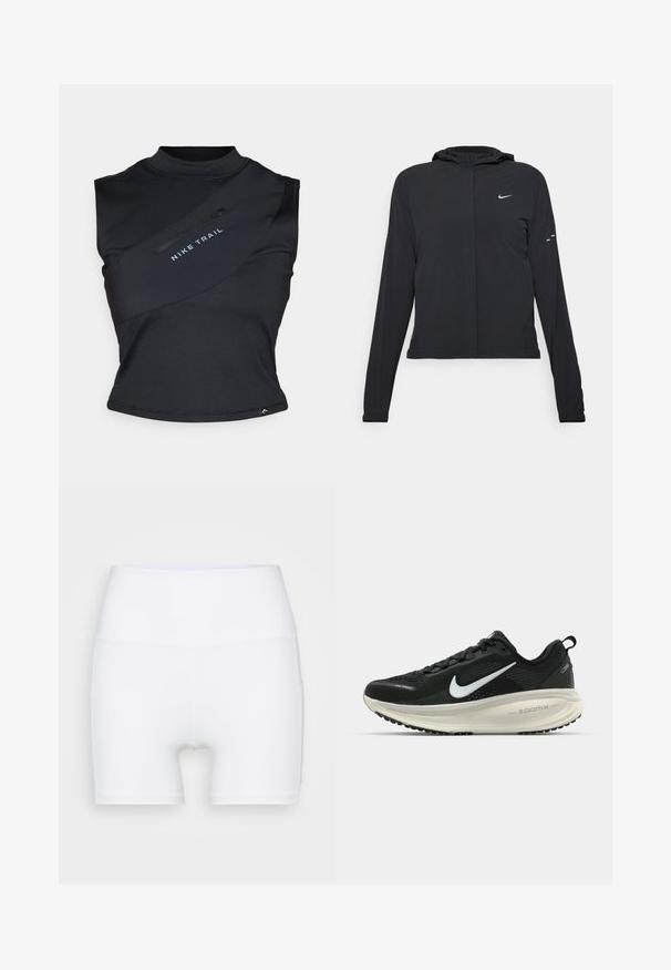 Svart hettegenser med lange ermer, laget av lett materiale. Har glidelås foran, Nike-logo og subtile design detaljer.; Nike Performance TRAIL STORAGE TANK - Topper - black/anthracite; Hvite høyt midjeforfatne shorts laget av stretch-stoff. Har en jevn tekstur og en tettsittende design, uten ekstra mønstre eller utstyr.; Svart Nike løpesko med pustende mesh-overdel, hvit swoosh-logo, teksturert detaljer og en kremfarget ZoomX mellomsåle.