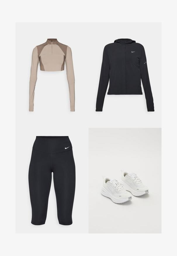 Black hooded jacket with long sleeves, made from lightweight material. Features a front zipper, a Nike logo, and subtle design accents.; Beige cropped long-sleeve top with high collar, quarter zip, and textured design details on shoulders. Made from stretchy, smooth fabric.; Nike black capri leggings feature a high waistband, smooth stretch fabric, and subtle logo detail on the front.; White athletic shoes with a textured mesh upper, cushioned sole, and subtle grey accents. Includes branding and looped heel tab for easy wear.