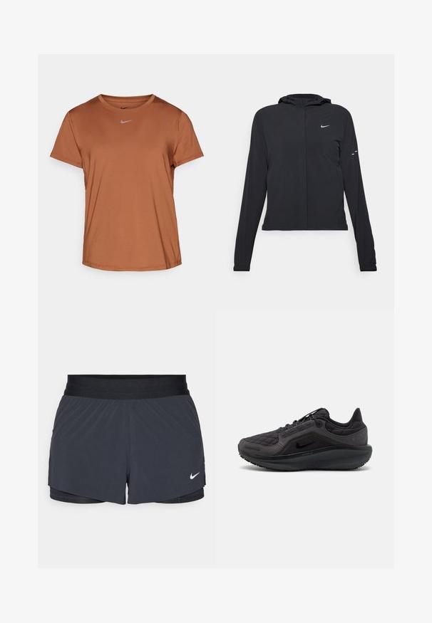 Melnā kapuci jaka ar garām piedurknēm, izgatavota no viegla materiāla. Tam ir priekšējais rāvējslēdzis, Nike logo un smalki dizaina akcenti.; Nike Performance ONE CLASSIC TOP - Sporta krekli - british tan/black; Melnas sporta šortus ar elastīgu jostu, ar slāņotu dizainu un mazu balto Nike logo apakšējā kreisajā stūrī. Viegls materiāls.; Melna sporta apava ar noquiltētu augšu, teksturētām akcentiem un mīkstu zoli. Iezīmē izteiksmīgu Nike logotipu un izturīgu zoli.