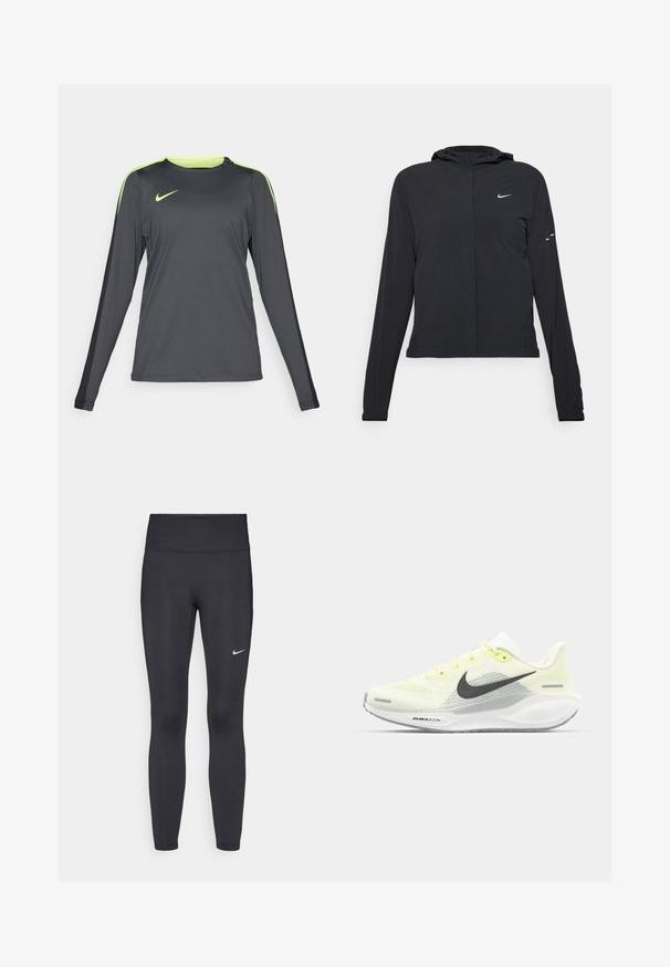 Schwarze Kapuzenjacke mit langen Ärmeln, aus leichtem Material gefertigt. Sie hat einen vorderen Reißverschluss, ein Nike-Logo und dezente Designelemente.; Langärmliges Sporthemd in Dunkelgrau mit neon grünen Akzenten auf den Schultern. Hergestellt aus leichtem, atmungsaktivem Stoff und mit Rundhals-Ausschnitt.; Schwarze Leggings aus elastischem Stoff, mit einem hohen Bund und einem weißen Nike-Logo auf dem linken Oberschenkel. Glatte Textur, figurbetontes Design.; Nike Laufschuhe mit einem hellgelben und weißen Mesh-Obermaterial, grauen Akzenten und einer flexiblen Gummisohle. Verfügt über einen Schnürverschluss.