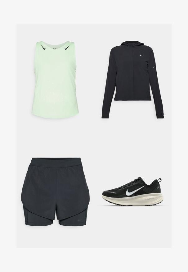 Casaco preto com capuz e mangas longas, feito de material leve. Apresenta um fecho dourado na frente, um logótipo da Nike e detalhes de design subtis.; Top de desporto de cor verde-claro feito de material respirável, apresentando um decote arredondado, design sem mangas e padrões perfurados para ventilação.; Calções desportivos pretos com um design em camadas, apresentando uma camada exterior suave e calções interiores ajustados. Feitos de um tecido leve e elástico.; Sapatilha de corrida Nike preta com parte superior de malha respirável, logotipo Swoosh branco, detalhes texturizados e uma entressola ZoomX na cor creme.