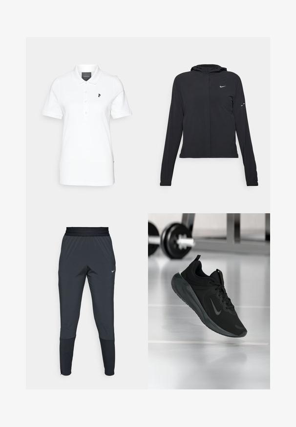 Jachetă neagră cu glugă, cu mâneci lungi, fabricată din material ușor. Dispune de un fermoar frontal, un logo Nike și accente de design subtile.; Tricou polo alb, realizat dintr-un material neted, cu guler clasic și mâneci scurte. Logo negru pe partea stângă a pieptului. Butoane pe față.; Pantaloni sport Nike de culoare gri închis, cu un design cu picior tapered, talie elastică și detalii accentuate lângă manșete.; Tenisii sport negru cu logo-ul Nike, arătați în aer deasupra podelei de sală de sport, cu un suport pentru haltere neclar în fundal.