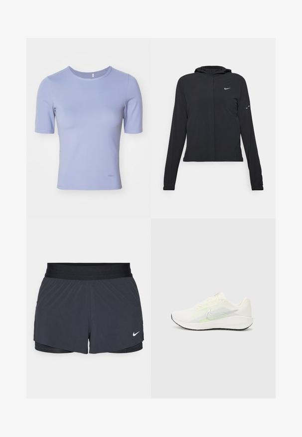 Fekete kapucnis dzseki hosszú ujjakkal, könnyű anyagból készült. Elülső cipzárral, Nike logóval és diszkrét dizájn elemekkel rendelkezik.; Rövid ujjú, testhez simuló póló világos levendula színű anyagból. Sima textúrával, kerek nyakkivágással és diszkrét márkázással az alján.; Fekete sportnadrág elasztikus derékkal, réteges kialakítással és kis fehér Nike logóval a bal alsó részen. Könnyű anyag.; Nike Performance DOWNSHIFTER 13 - Utcai futócipők - sail/silver-coloured photon dust/summit white/barely volt/black