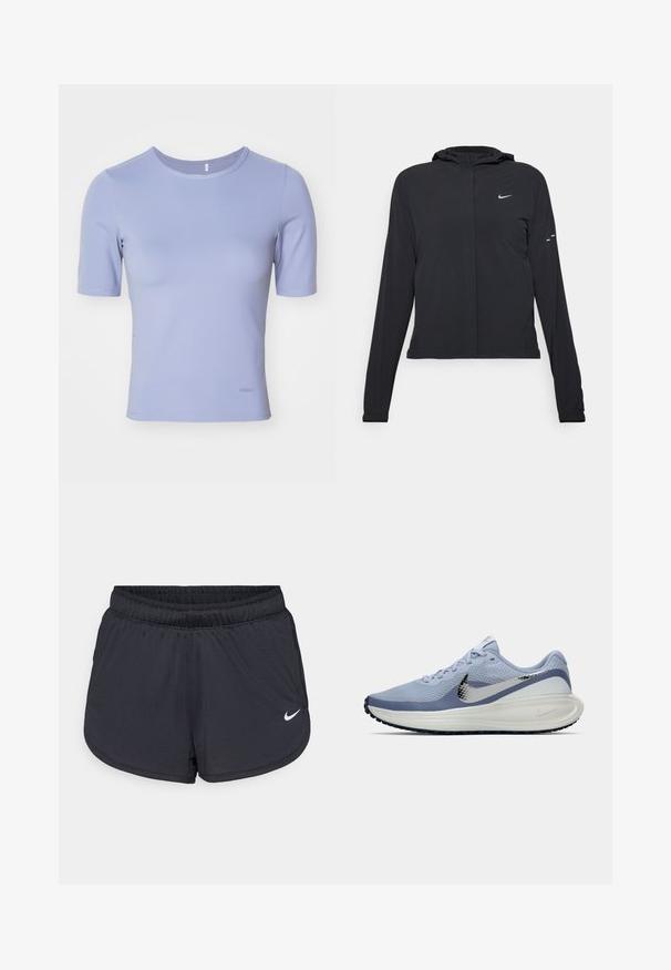 Crna jakna s kapuljačom i dugim rukavima, izrađena od laganog materijala. Ima prednji patentni zatvarač, Nike logo i suptilne dizajnerske detalje.; Majica kratkih rukava, uskog kroja, od svijetloljubičaste tkanine. Glatka tekstura s okruglim izrezom i suptilnim brendom na rubu.; Crne sportske kratke hlače s elastičnim pojasom, sportski dizajn i bijeli Nike logo na donjem prednjem dijelu. Teksturirani materijal.; Svijetloplave i bijele Nike tenisice za trčanje sa srebrnim swoosh logotipom, prozračnim mrežastim gornjištem, udobnim potplatom i crnim uzorkom na potplatu.