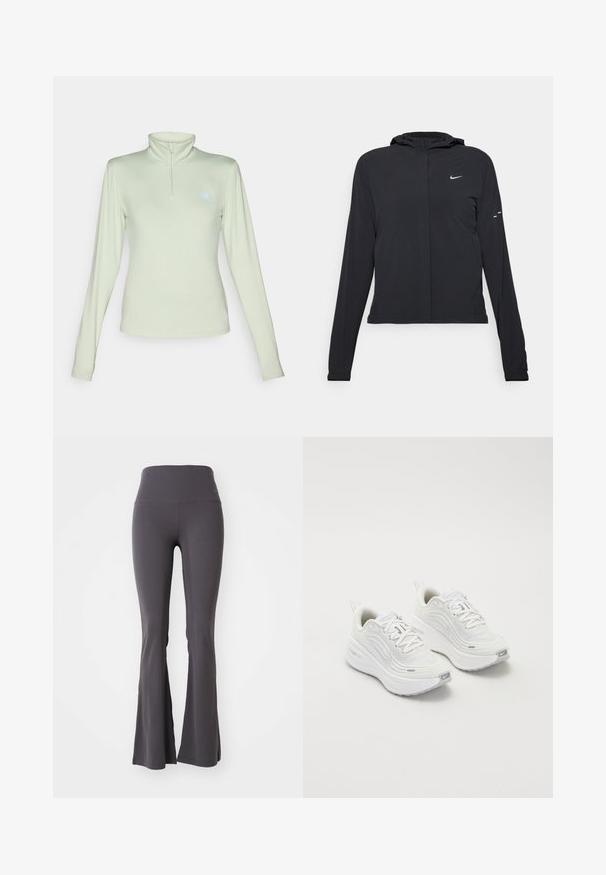 Casaco preto com capuz e mangas longas, feito de material leve. Apresenta um fecho dourado na frente, um logótipo da Nike e detalhes de design subtis.; New Balance SPORT ESSENTIALS SPACE DYE QUARTER ZIP - Camisola de manga comprida - garter snake; Calças de yoga cinzas em forma de sino, feitas de um tecido elástico. Cintura alta e textura suave, apresentando um design ajustado até às bainhas largas.; Tênis atléticos brancos com um cabedal de malha texturizada, sola acolchoada e discretos detalhes em cinza. Inclui logótipo e aba de calcanhar em laço para facilitar o calçar.