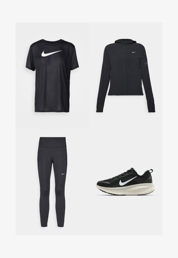 Must musta kapuutsiga jakk, millel on pikad varrukad ja mis on valmistatud kergetest materjalidest. Omab esitaskut, Nike logo ja kergelt silmatorkavaid disainiaktsente.; Must musta T-särk lühikeste varrukatega, valmistatud sileda kangaga, esitades ees suurt valget Nike swoosh logot. Lihtne ümmargune kaelus.; Mustad mustadest leggingid, mis on valmistatud venivast kangast, kõrge vöökoha ja valge Nike logo abil vasakul reiel. Sile tekstuur, keha järgiv disain.; Musthave mustus Nike jooksujalats, millel on hingav võrgust ülemine osa, valge swoosh logo, tekstuuriga detailid ja kreemja värvusega ZoomX vahevöö.