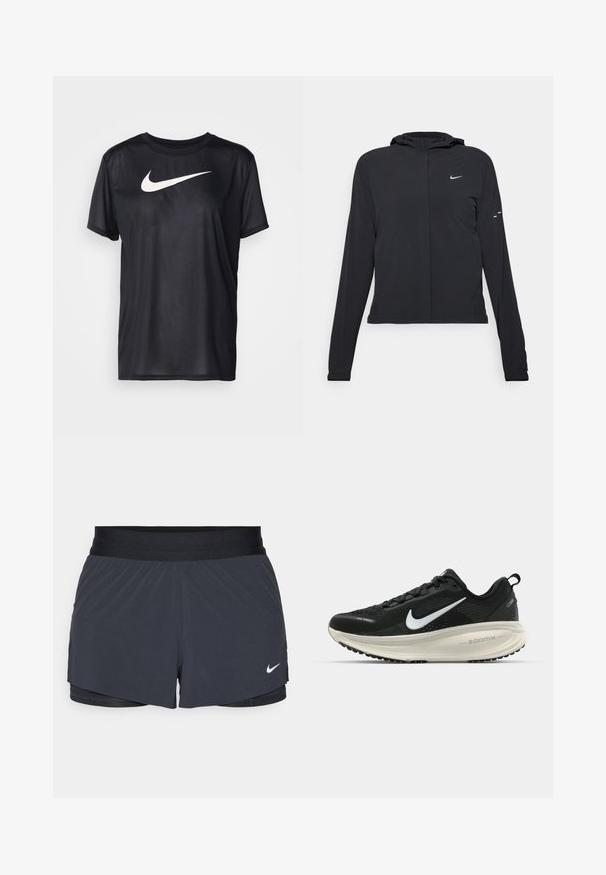 Svart hettegenser med lange ermer, laget av lett materiale. Har glidelås foran, Nike-logo og subtile design detaljer.; Svart kortermet T-skjorte laget av glatt stoff, med en stor hvit Nike swoosh-logo på forsiden. Enkel design med rund hals.; Sorte treningshorts med elastisk midjebånd, med lagdelt design og liten hvit Nike-logo på nederste venstre side. Lett materiale.; Svart Nike løpesko med pustende mesh-overdel, hvit swoosh-logo, teksturert detaljer og en kremfarget ZoomX mellomsåle.