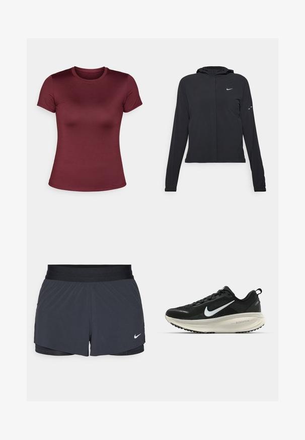 Casaco preto com capuz e mangas longas, feito de material leve. Apresenta um fecho dourado na frente, um logótipo da Nike e detalhes de design subtis.; T-shirt de manga curta bordeaux, decote redondo, tecido suave, forma ajustada, design minimalista, sem padrões ou detalhes.; Calças curtas de atletismo pretas com um cós elástico, apresentando um design em camadas e um pequeno logótipo da Nike em branco no canto inferior esquerdo. Material leve.; Sapatilha de corrida Nike preta com parte superior de malha respirável, logotipo Swoosh branco, detalhes texturizados e uma entressola ZoomX na cor creme.