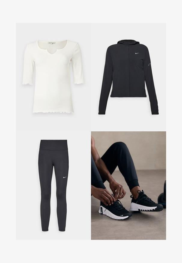 Sort hættetrøje med lange ærmer, lavet af letvægtsmateriale. Har en frontlynlås, et Nike-logo og subtile designaccenter.; Hvid ribbet t-shirt med bred udskæring og korte ærmer, der har en bølget kant. Fremstillet af et blødt, strækbart materiale.; Sorte leggings lavet af strækbart stof, med en høj talje og et hvidt Nike-logo på venstre lår. Glat tekstur, tætsiddende design.; Sorte atletiske sko med en tekstureret sort overdel, hvid sål og gummitræd. Snørebåndene er bundet, hvilket viser et slankt design og logo.