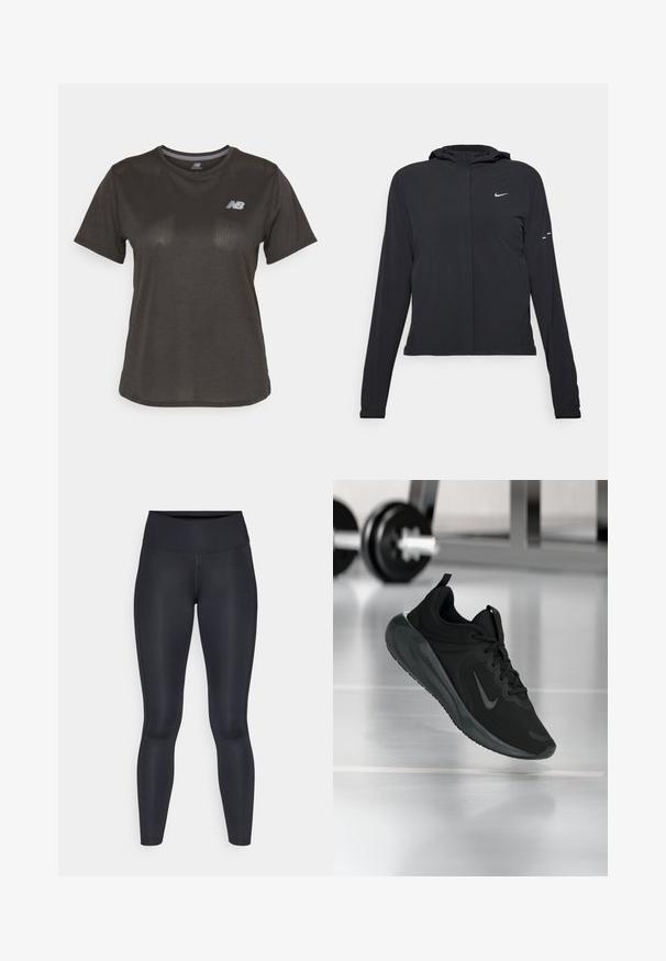 Casaco preto com capuz e mangas longas, feito de material leve. Apresenta um fecho dourado na frente, um logótipo da Nike e detalhes de design subtis.; T-shirt atlético preto com mangas curtas, feito de um tecido leve. Apresenta um padrão texturizado subtil e um pequeno logotipo branco no peito.; Leggings pretas feitos de um tecido liso e elástico. Cintura alta sem padrões ou detalhes visíveis. Ajustam-se de forma justa da cintura até os tornozelos.; Sapatilha desportiva preta com o logotipo da Nike, mostrada em pleno ar sobre o chão do ginásio, com um suporte de halteres desfocado ao fundo.