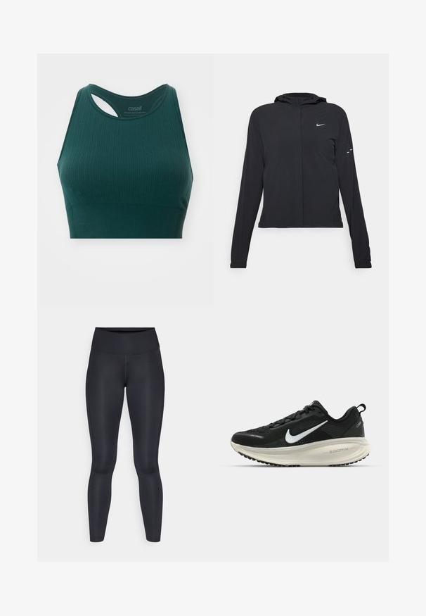 Melnā kapuci jaka ar garām piedurknēm, izgatavota no viegla materiāla. Tam ir priekšējais rāvējslēdzis, Nike logo un smalki dizaina akcenti.; Emerald zaļš sporta krūšturis ar ribotu tekstūru, ar racerback dizainu un izgriezumu apkaklē, lai nodrošinātu elpojamību.; Melnas legingi, izgatavoti no gludas, elastīgas auduma. Augsts jostasvieta bez redzamām rakstiem vai akcentiem. Cieši pieguļ no jostas līdz potītēm.; Melnas Nike skriešanas kurpes ar elpojošu acs augšdaļu, baltu Swoosh logotipu, strukturētu apdari un krēmkrāsas ZoomX starpsole.