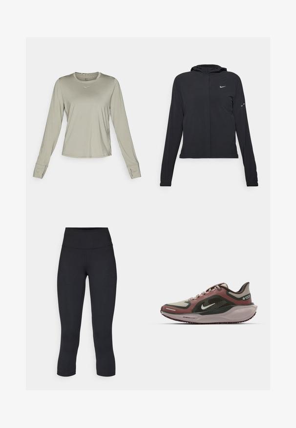 Schwarze Kapuzenjacke mit langen Ärmeln, aus leichtem Material gefertigt. Sie hat einen vorderen Reißverschluss, ein Nike-Logo und dezente Designelemente.; Nike Performance ONE CLASSIC TOP - Langarmshirt - light army/black; Schwarze, cropped Leggings aus dehnbarem Material, mit einem hohen Bund und glatter Textur, ohne sichtbare Muster oder Hardware.; Nike Performance AIR ZM PEGASUS 41 GTX - Laufschuh Straße - malt/barely green/sequoia/red sepia/burgundy crush/platinum violet